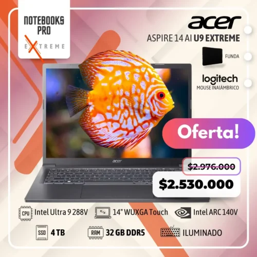 ACER ASPIRE 14 AI EXTREME - Intel Core Ultra 9 288V - SSD 4 TB - 32 GB RAM DDR5 - Intel ARC 140V - 14" WUXGA IPS Touch
