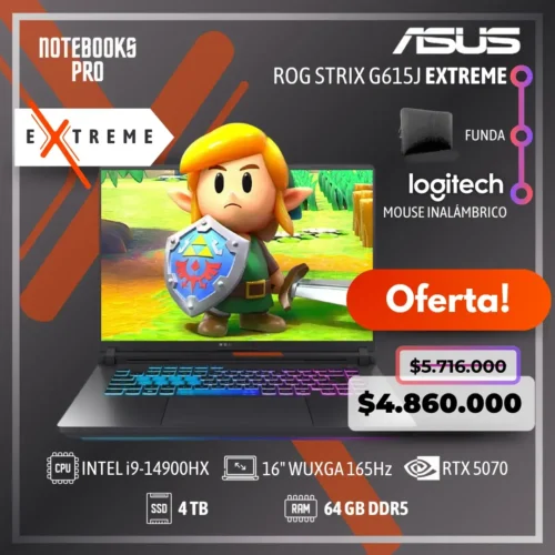 ASUS ROG STRIX G615J EXTREME - i9-14900HX - SSD 4 TB - 64 GB RAM DDR5 - 16" WUXGA 165Hz - RTX 5070 + Funda de regalo y combo cymax