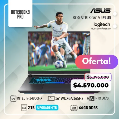 ASUS ROG STRIX G615J PLUS - i9-14900HX - SSD 2 TB - 64 GB RAM DDR5 - 16" WUXGA 165Hz - RTX 5070 + Funda de regalo y combo cymax