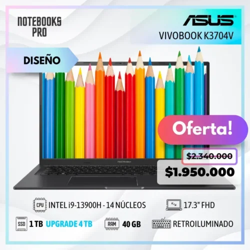 ASUS VIVOBOOK K3704V - i9-13900H - SSD 1TB - 40 GB RAM - 17.3" FHD - Teclado retroiluminado - 14 Núcleos