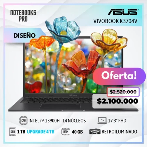 ASUS VIVOBOOK K3704V - i9-13900H - SSD 1TB - 40 GB RAM - 17.3" FHD - Teclado retroiluminado - 14 Núcleos