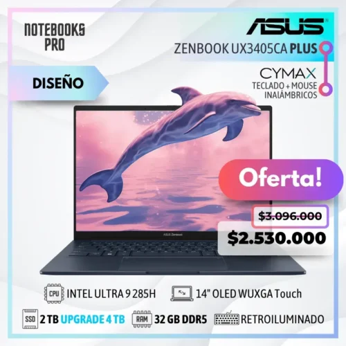 ASUS ZENBOOK UX3405CA PLUS - INTEL CORE ULTRA 9 285H - SSD 2 TB - 32 GB RAM DDR5 - 14" OLED WUXGA Touch + KIT TECLADO + MOUSE WIRELESS CYMAX