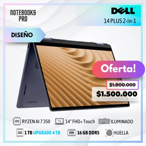 DELL 14 PLUS 2-in-1 - RYZEN AI 7 350 - SSD 1 TB - 16 GB RAM DDR5 - 14" FHD+ Touch x360 - Teclado Retroiluminado - Lector de Huella - 8 Núcleos