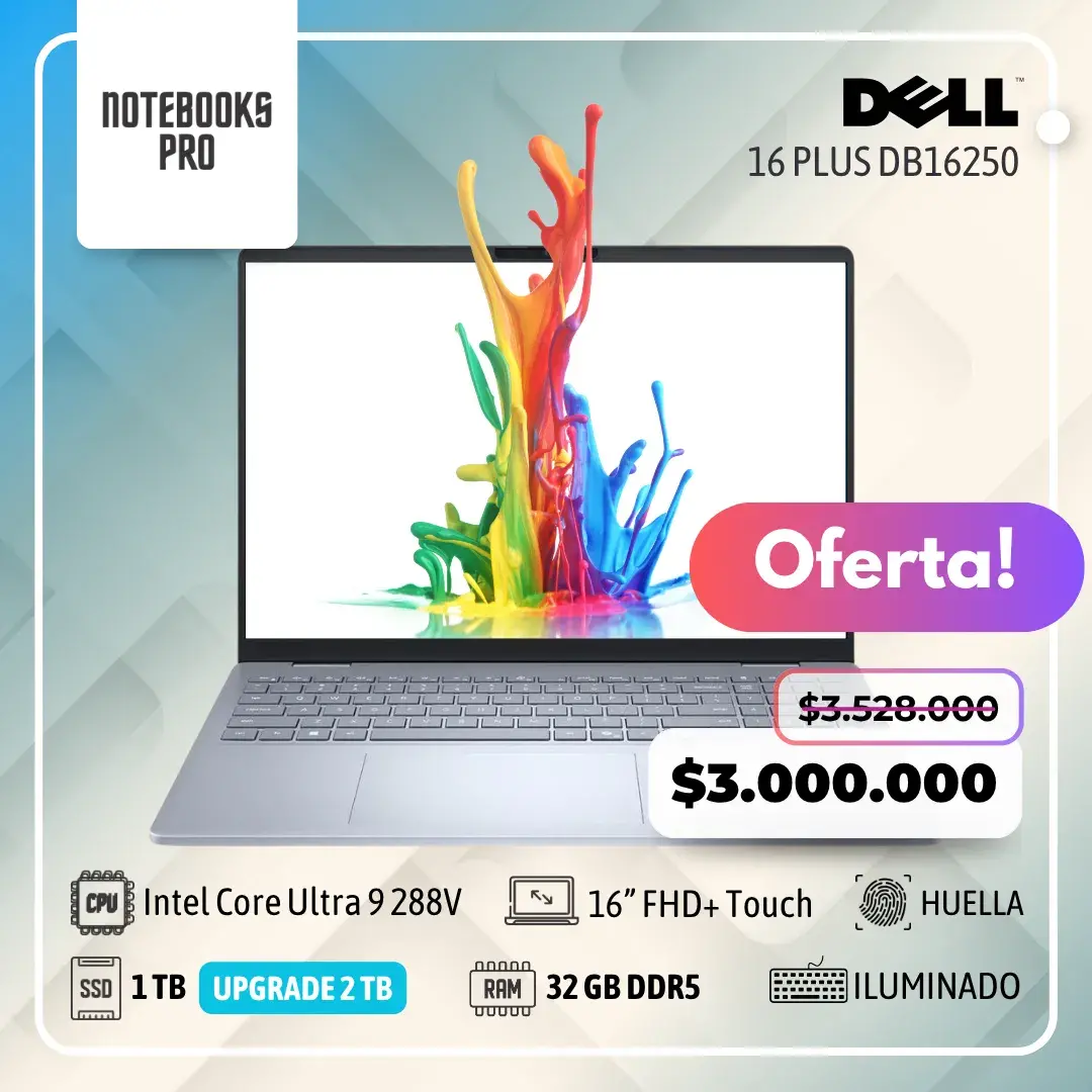 DELL 16 PLUS DB16250 - Intel Core Ultra 9 288V - SSD 1 TB - 32 GB RAM DDR5 - 16” FHD+ Touch - Lector de huella - Teclado retroiluminado - 8 Núcleos
