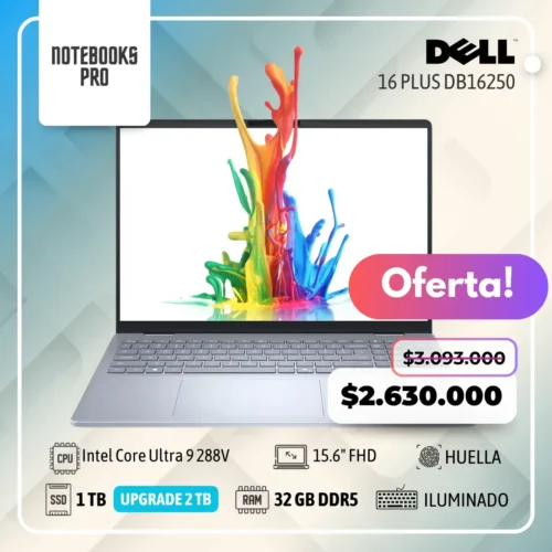 DELL 16 PLUS DB16250 - Intel Core Ultra 9 288V - SSD 1 TB - 32 GB RAM DDR5 - 16” FHD+ Touch - Lector de huella - Teclado retroiluminado - 8 Núcleos