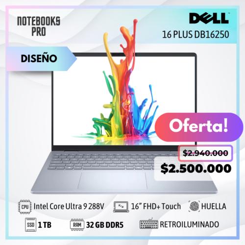 DELL 16 PLUS DB16250 - Intel Core Ultra 9 288V - SSD 1 TB - 32 GB RAM DDR5 - 16” FHD+ Touch - Lector de huella - Teclado retroiluminado - 8 Núcleos