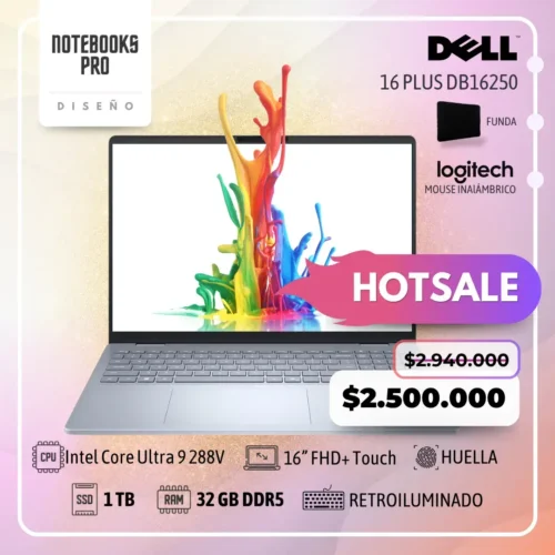 DELL 16 PLUS DB16250 - Intel Core Ultra 9 288V - SSD 1 TB - 32 GB RAM DDR5 - 16” FHD+ Touch - Lector de huella - Teclado retroiluminado - 8 Núcleos