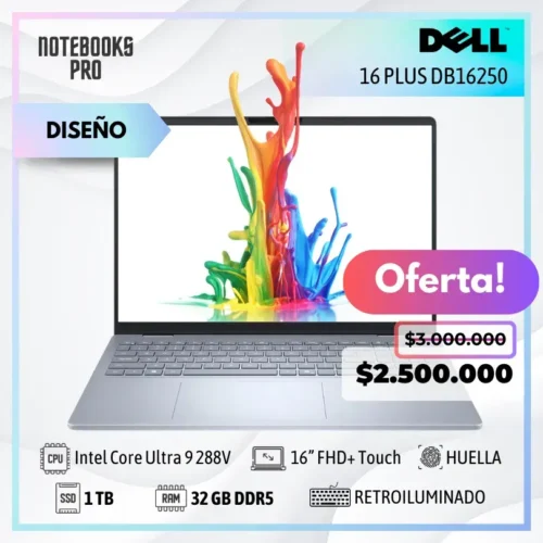 DELL 16 PLUS DB16250 - Intel Core Ultra 9 288V - SSD 1 TB - 32 GB RAM DDR5 - 16” FHD+ Touch - Lector de huella - Teclado retroiluminado - 8 Núcleos
