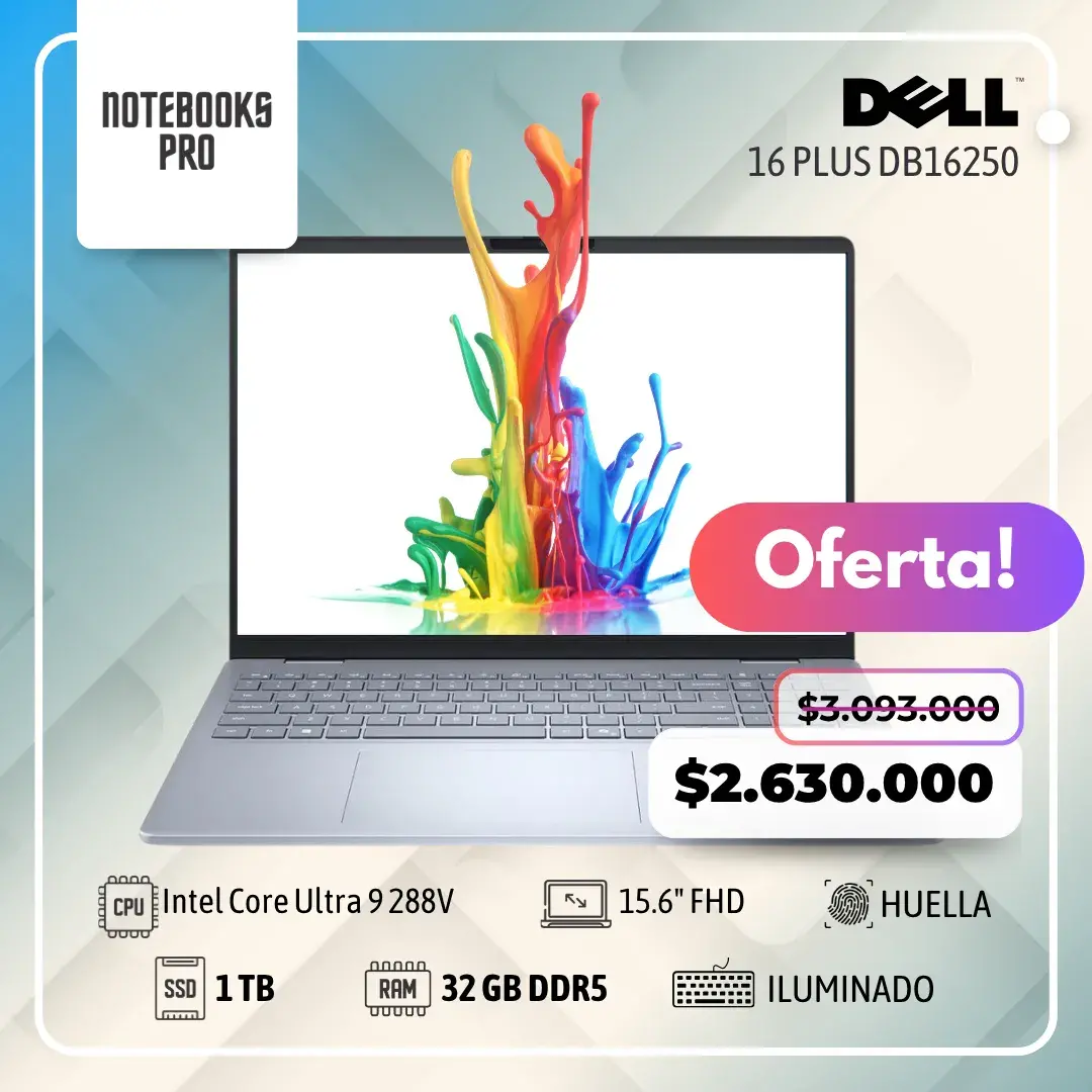 DELL 16 PLUS DB16250 - Intel Core Ultra 9 288V - SSD 1 TB - 32 GB RAM DDR5 - 16” FHD+ Touch - Lector de huella - Teclado retroiluminado - 8 Núcleos