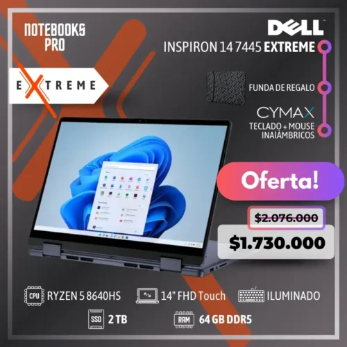 DELL INSPIRON 14 7445 2-IN-1 EXTREME - RYZEN 5 8640HS - SSD 2 TB - 64 GB RAM DDR5 - 14" FHD+ Touch