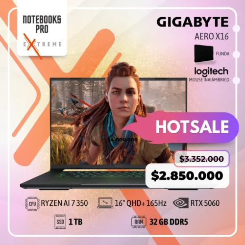 GIGABYTE AERO X16 - RYZEN AI 7 350 - SSD 1TB - 32 GB RAM DDR5 - 16" QHD+ 165Hz - RTX 5060 - Teclado Retroiluminado - 8 núcleos
