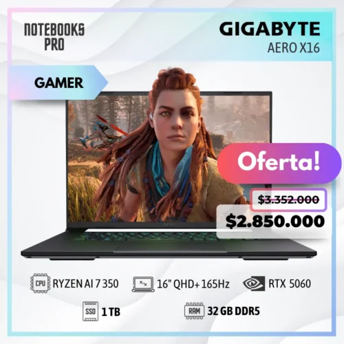 GIGABYTE AERO X16 - RYZEN AI 7 350 - SSD 1TB - 32 GB RAM DDR5 - 16" QHD+ 165Hz - RTX 5060 - Teclado Retroiluminado - 8 núcleos