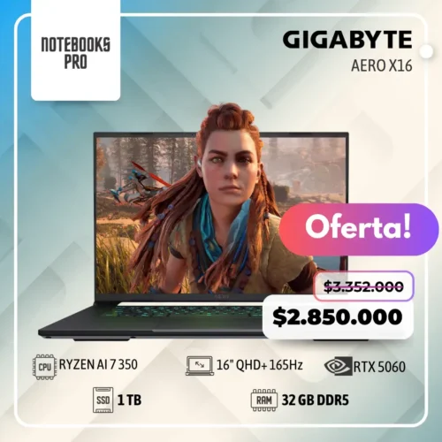 GIGABYTE AERO X16 - RYZEN AI 7 350 - SSD 1TB - 32 GB RAM DDR5 - 16" QHD+ 165Hz - RTX 5060 - Teclado Retroiluminado - 8 núcleos