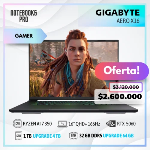 GIGABYTE AERO X16 - RYZEN AI 7 350 - SSD 1TB - 32 GB RAM DDR5 - 16" QHD+ 165Hz - RTX 5060 - Teclado Retroiluminado - 8 núcleos