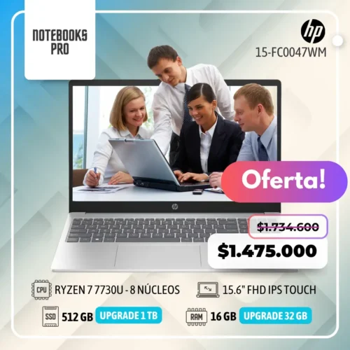 HP 15-FC0047WM - RYZEN 7 7730U - SSD 512 GB - 16 GB RAM - 15.6" FHD IPS LED-Touch- 8 Núcleos