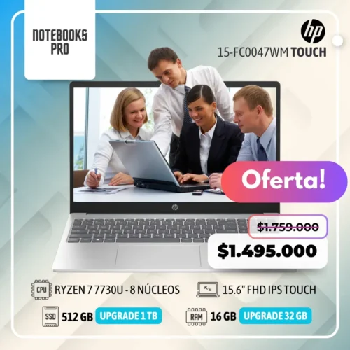 HP 15-FC0047WM - RYZEN 7 7730U - SSD 512 GB - 16 GB RAM - 15.6" FHD IPS LED-Touch- 8 Núcleos