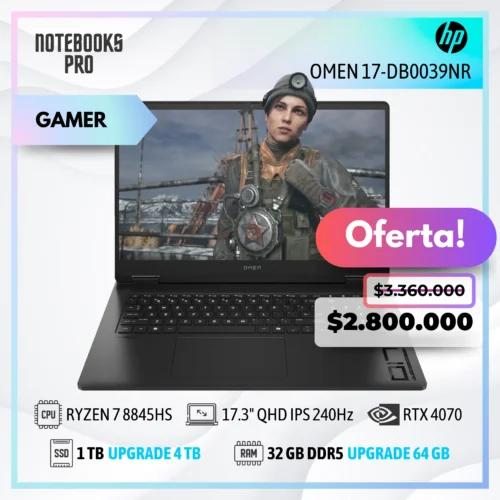 HP OMEN 17-DB0039NR - RYZEN 7 8845HS - 1TB SSD - 32 GB RAM DDR5 - 17.3" QHD IPS 240Hz - RTX 4070 - Teclado retroiluminado - 8 núcleos