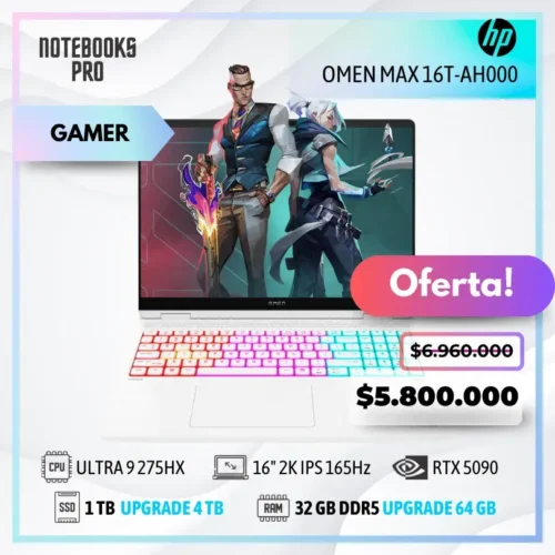HP OMEN MAX 16T-AH000 - Ultra 9 275HX - SSD 1 TB - 32 GB RAM DDR5 - RTX 5090- 16" 2K IPS 165Hz - Teclado Retroiluminado - 24 Núcleos + KIT TECLADO + MOUSE WIRELESS CYMAX