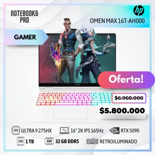 HP OMEN MAX 16T-AH000 - Ultra 9 275HX - SSD 1 TB - 32 GB RAM DDR5 - RTX 5090- 16" 2K IPS 165Hz - Teclado Retroiluminado - 24 Núcleos