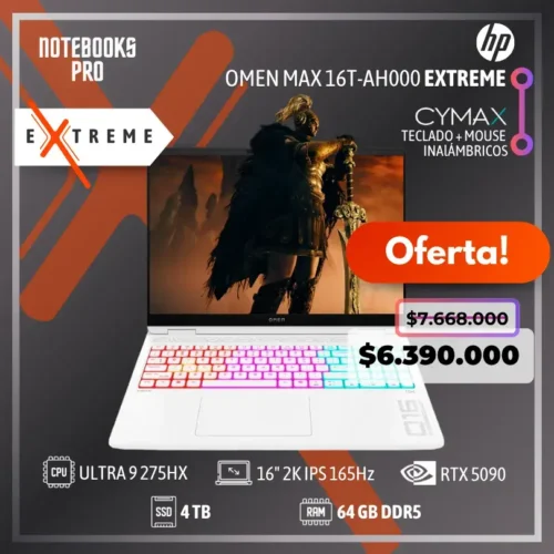 HP OMEN MAX 16T-AH000 EXTREME - Ultra 9 275HX - SSD 4 TB - 64 GB RAM DDR5 - RTX 5090- 16" 2K IPS 165Hz - Teclado Retroiluminado - 24 Núcleos + KIT TECLADO + MOUSE WIRELESS CYMAX