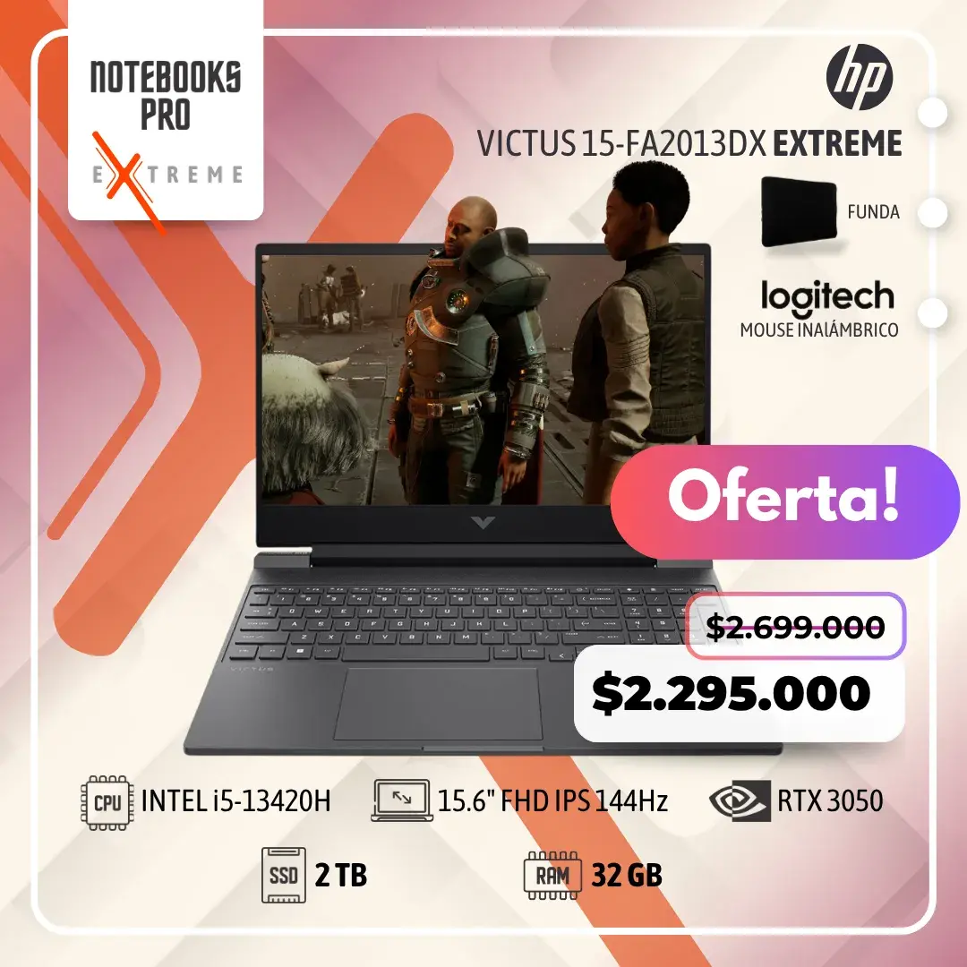 HP VICTUS 15-FA2013DX EXTREME - i5-13420H - SSD 2 TB - 32 GB RAM - 15.6" FHD IPS 144Hz - RTX 3050 - Teclado Retroiluminado - 8 Núcleos