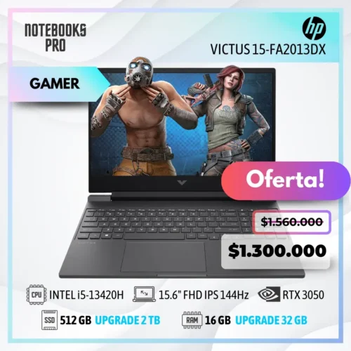 HP VICTUS 15-FA2013DX - i5-13420H - SSD 512 GB - 16 GB RAM - 15.6" FHD IPS 144Hz - RTX 3050 - Teclado Retroiluminado - 8 Núcleos