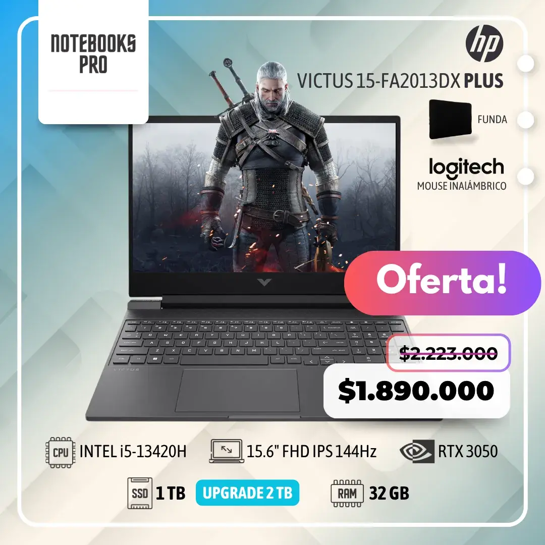 HP VICTUS 15-FA2013DX PLUS - i5-13420H - SSD 1 TB - 32 GB RAM - 15.6" FHD IPS 144Hz - RTX 3050 - Teclado Retroiluminado - 8 Núcleos