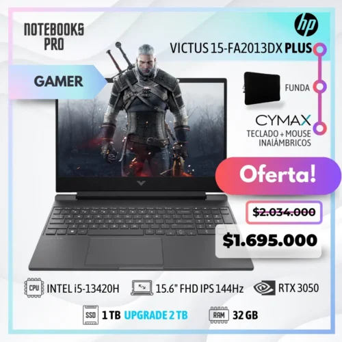 HP VICTUS 15-FA2013DX PLUS - i5-13420H - SSD 1 TB - 32 GB RAM - 15.6" FHD IPS 144Hz - RTX 3050 - Teclado Retroiluminado - 8 Núcleos