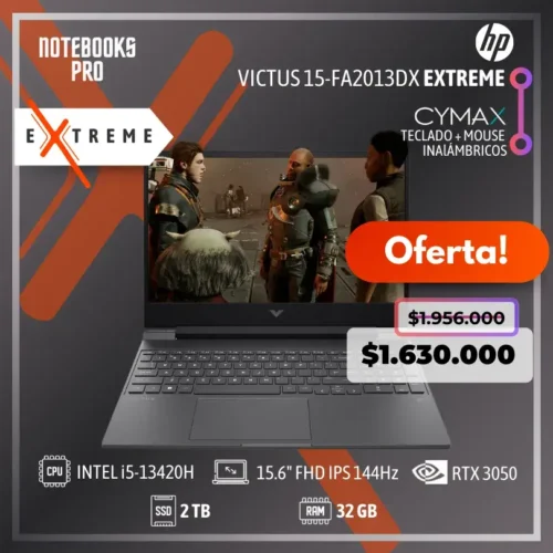 HP VICTUS 15-FA2013DX EXTREME - i5-13420H - SSD 2 TB - 32 GB RAM - 15.6" FHD IPS 144Hz - RTX 3050 - Teclado Retroiluminado - 8 Núcleos + KIT TECLADO + MOUSE WIRELESS CYMAX