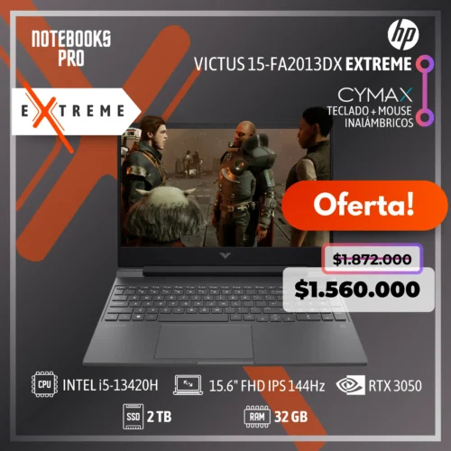 HP VICTUS 15-FA2013DX EXTREME - i5-13420H - SSD 2 TB - 32 GB RAM - 15.6" FHD IPS 144Hz - RTX 3050 - Teclado Retroiluminado - 8 Núcleos - KIT TECLADO + MOUSE WIRELESS CYMAX
