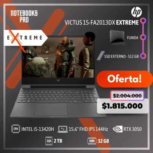 HP VICTUS 15-FA2013DX EXTREME - i5-13420H - SSD 2 TB - 32 GB RAM - 15.6" FHD IPS 144Hz - RTX 3050 - Teclado Retroiluminado - 8 Núcleos