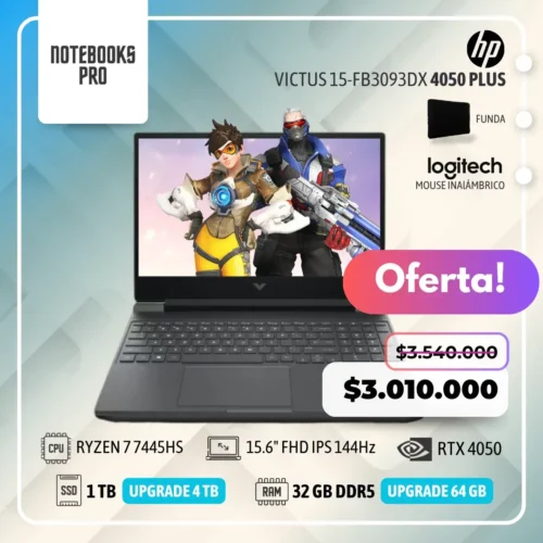 HP VICTUS 15-FB3093DX PLUS - RYZEN 7 7445HS - SSD 1 TB - 32 GB RAM DDR5 - 15.6" FHD IPS 144Hz - RTX 4050 - 6 núcleos - Teclado retroiluminado