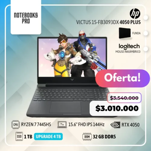 HP VICTUS 15-FB3093DX PLUS - RYZEN 7 7445HS - SSD 1 TB - 32 GB RAM DDR5 - 15.6" FHD IPS 144Hz - RTX 4050 - 6 núcleos - Teclado retroiluminado