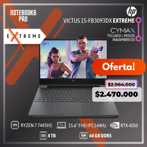 HP VICTUS 15-FB3093DX EXTREME - RYZEN 7 7445HS - SSD 4 TB - 64 GB RAM DDR5 - 15.6" FHD IPS 144Hz - RTX 4050 - 6 núcleos - Teclado retroiluminado + KIT TECLADO + MOUSE WIRELESS CYMAX