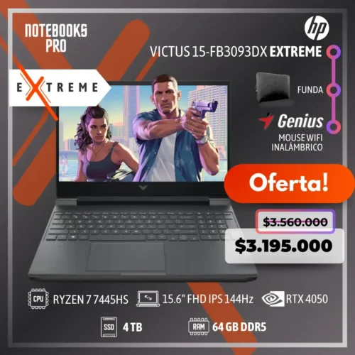 HP VICTUS 15-FB3093DX EXTREME - RYZEN 7 7445HS - SSD 4 TB - 64 GB RAM DDR5 - 15.6" FHD IPS 144Hz - RTX 4050 - 6 núcleos - Teclado retroiluminado