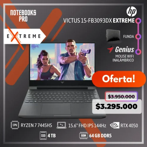 HP VICTUS 15-FB3093DX EXTREME - RYZEN 7 7445HS - SSD 4 TB - 64 GB RAM DDR5 - 15.6" FHD IPS 144Hz - RTX 4050 - 6 núcleos - Teclado retroiluminado