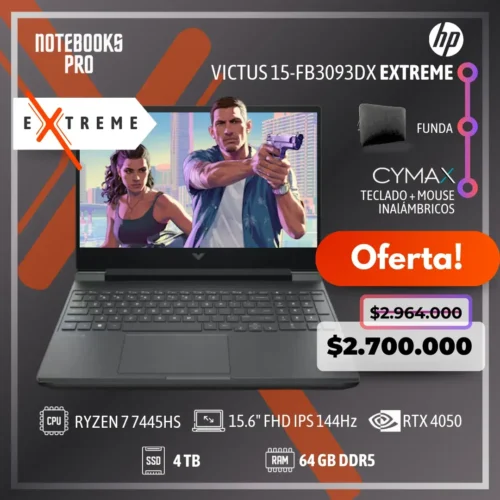 HP VICTUS 15-FB3093DX EXTREME - RYZEN 7 7445HS - SSD 4 TB - 64 GB RAM DDR5 - 15.6" FHD IPS 144Hz - RTX 4050 - 6 núcleos - Teclado retroiluminado