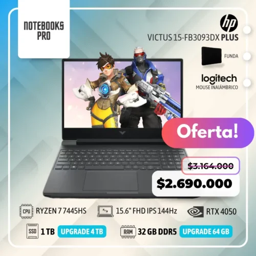 HP VICTUS 15-FB3093DX PLUS - RYZEN 7 7445HS - SSD 1 TB - 32 GB RAM DDR5 - 15.6" FHD IPS 144Hz - RTX 4050 - 6 núcleos - Teclado retroiluminado