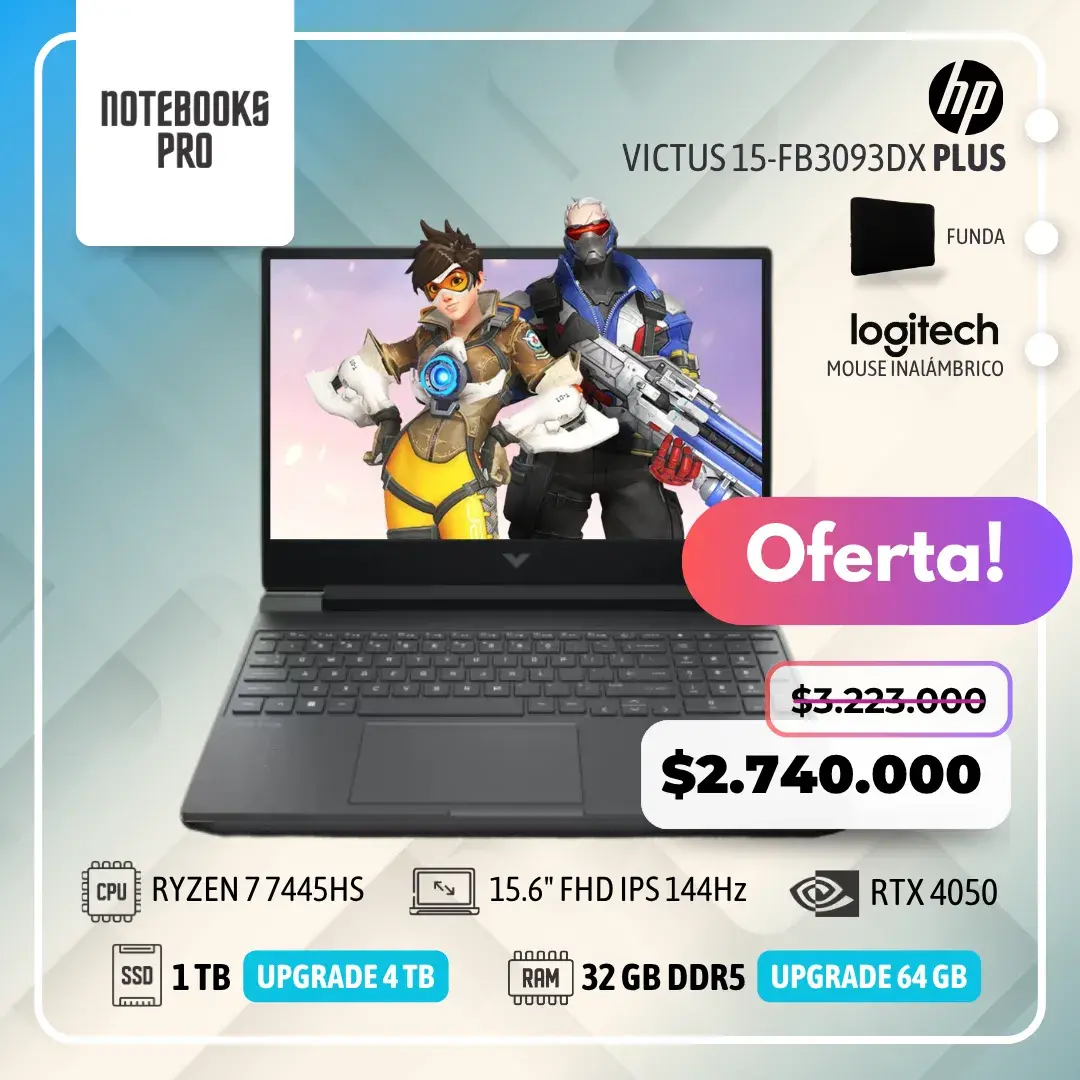 HP VICTUS 15-FB3093DX PLUS - RYZEN 7 7445HS - SSD 1 TB - 32 GB RAM DDR5 - 15.6" FHD IPS 144Hz - RTX 4050 - 6 núcleos - Teclado retroiluminado