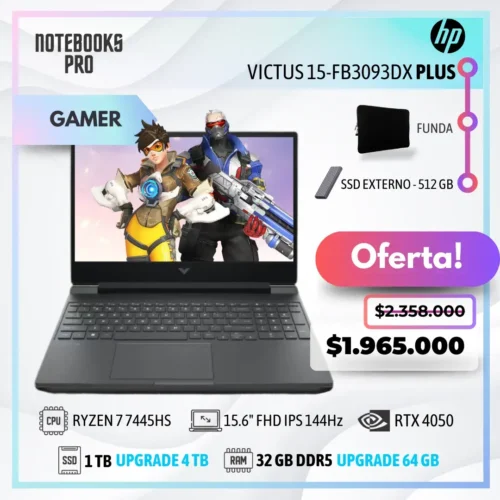 HP VICTUS 15-FB3093DX PLUS - RYZEN 7 7445HS - SSD 1 TB - 32 GB RAM DDR5 - 15.6" FHD IPS 144Hz - RTX 4050 - 6 núcleos - Teclado retroiluminado