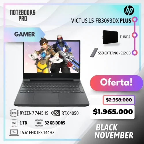 HP VICTUS 15-FB3093DX PLUS - RYZEN 7 7445HS - SSD 1 TB - 32 GB RAM DDR5 - 15.6" FHD IPS 144Hz - RTX 4050 - 6 núcleos - Teclado retroiluminado + Funda y SSD externo de Regalo BN