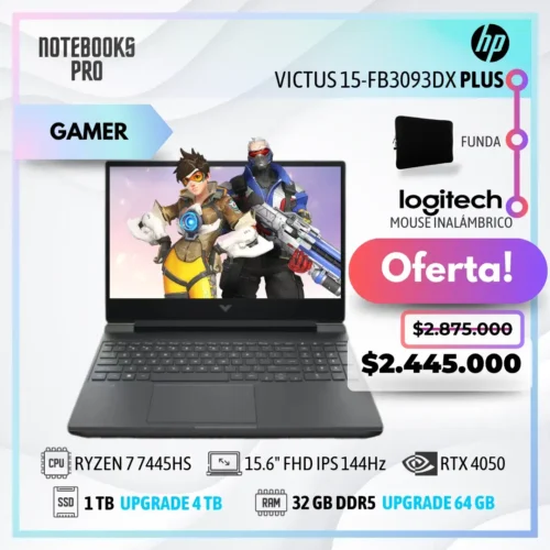 HP VICTUS 15-FB3093DX PLUS - RYZEN 7 7445HS - SSD 1 TB - 32 GB RAM DDR5 - 15.6" FHD IPS 144Hz - RTX 4050 - 6 núcleos - Teclado retroiluminado