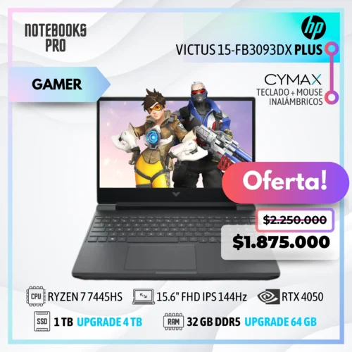 HP VICTUS 15-FB3093DX PLUS - RYZEN 7 7445HS - SSD 1 TB - 32 GB RAM DDR5 - 15.6" FHD IPS 144Hz - RTX 4050 - 6 núcleos - Teclado retroiluminado - KIT TECLADO + MOUSE WIRELESS CYMAX
