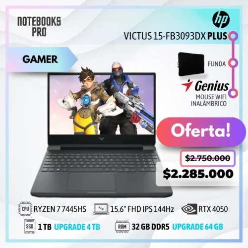 HP VICTUS 15-FB3093DX PLUS - RYZEN 7 7445HS - SSD 1 TB - 32 GB RAM DDR5 - 15.6" FHD IPS 144Hz - RTX 4050 - 6 núcleos - Teclado retroiluminado