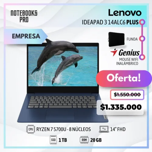 LENOVO IDEAPAD 3 14ALC6 PLUS - RYZEN 7 5700U - SSD 1 TB - 20 GB RAM - 14" FHD - 8 Núcleos - Teclado retroiluminado - Lector de huella