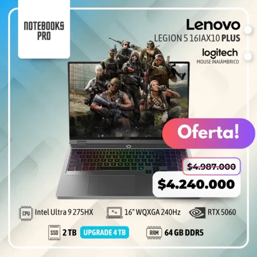LENOVO LEGION 5 16IAX10 PLUS - Intel Core Ultra 9 275HX - SSD 2 TB - 64 GB RAM DDR5 - RTX 5060 - 16" WQXGA IPS 240Hz - Teclado Retroiluminado - 24 Núcleos