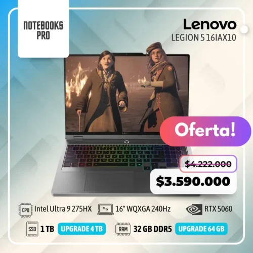 LENOVO LEGION 5 16IAX10 - Intel Core Ultra 9 275HX - SSD 1 TB - 32 GB RAM DDR5 - RTX 5060 - 16" WQXGA IPS 240Hz - Teclado Retroiluminado - 24 Núcleos
