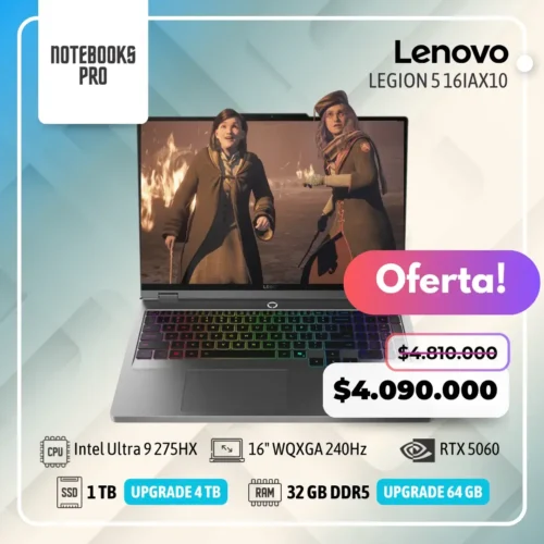 LENOVO LEGION 5 16IAX10 - Intel Core Ultra 9 275HX - SSD 1 TB - 32 GB RAM DDR5 - RTX 5060 - 16" WQXGA IPS 240Hz - Teclado Retroiluminado - 24 Núcleos