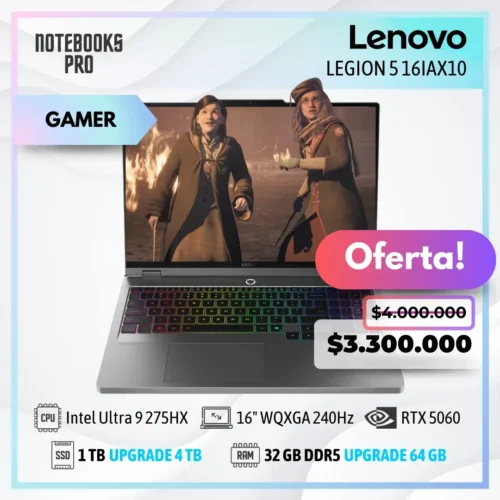 LENOVO LEGION 5 16IAX10 - Intel Core Ultra 9 275HX - SSD 1 TB - 32 GB RAM DDR5 - RTX 5060 - 16" WQXGA IPS 240Hz - Teclado Retroiluminado - 24 Núcleos