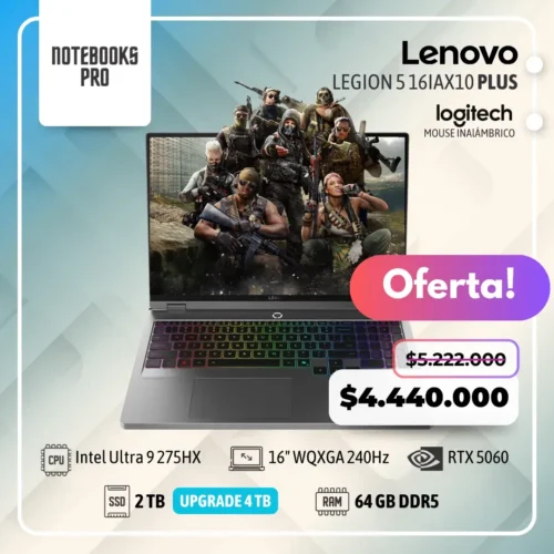 LENOVO LEGION 5 16IAX10 PLUS - Intel Core Ultra 9 275HX - SSD 2 TB - 64 GB RAM DDR5 - RTX 5060 - 16" WQXGA IPS 240Hz - Teclado Retroiluminado - 24 Núcleos